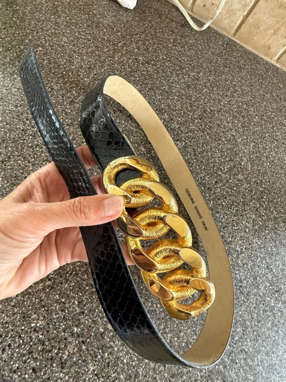 Vintage Black Snake Skin Belt Gold Chain Buckle Statement
